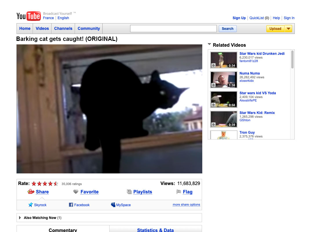 The epitome of user-generated content: The Barking Cat Youtube Video. A webpage showing a youtube video.