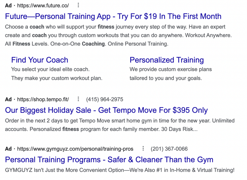 Google Search Ads results showing ads that get clicks
