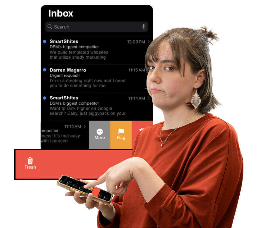 Sierra holding a phone scrolling through emails