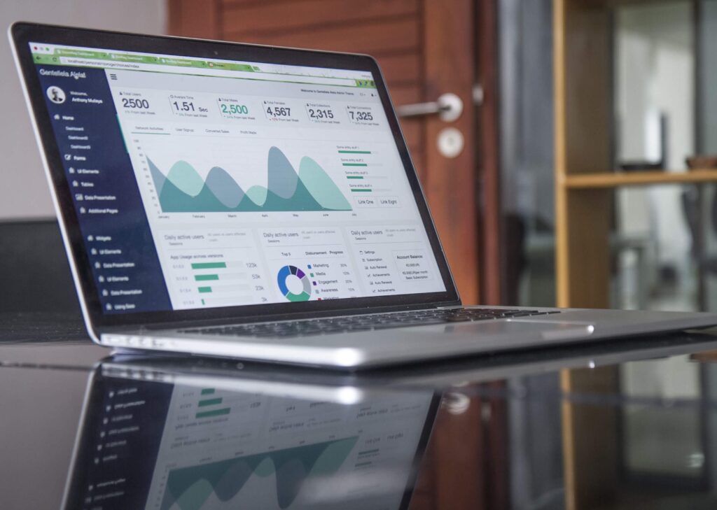 A reporting dashboard shows exponential metrics.