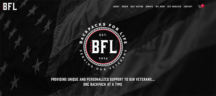 The homepage of the Backpacks for Life logo, featuring their logo on an American Flag background