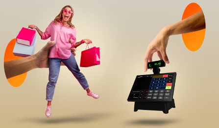 A set of hands holding a happy shopper and a cash register