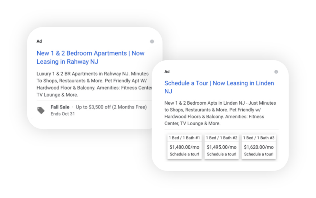 Examples of Google ads floating for apartments in NJ